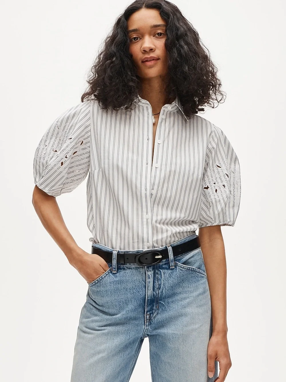 J crew ivory blue Eyelet puff-sleeve shirt in striped cotton poplin